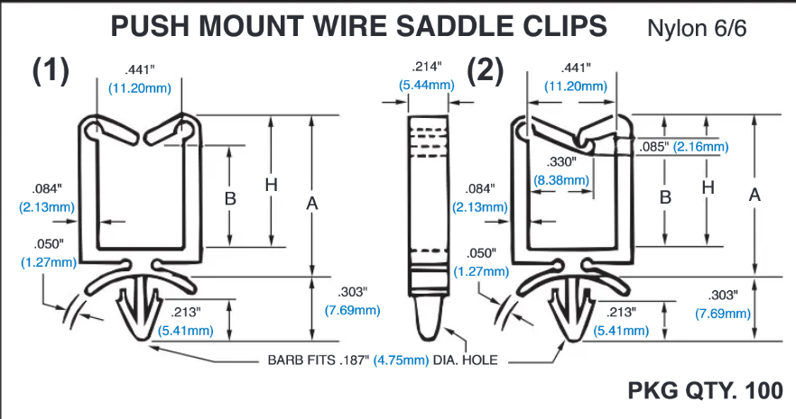 Wire And Cable Holder, Type 1 Top Entry, Regular GAte, for 3/16" Mounting Hole, 3/4" Inside LGTH x 7/16" Inside Wd, Nylon 6/6 White by Spaenaur Inc.