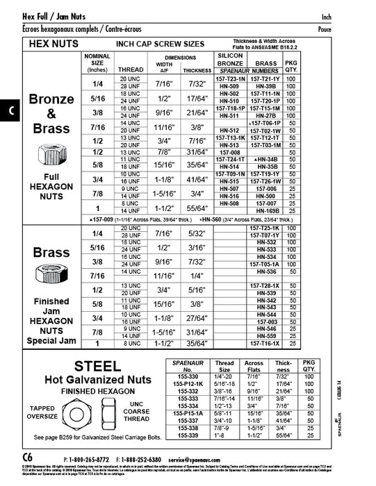 Écrou hexagonal fini complet 3/4 po-16 UNF (1-1/8 po A/F x 41/64 po TH) Bronze au silicium lisse ANSI B18.2.2-1986