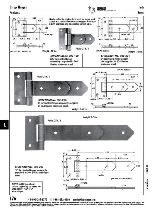 Charnière à sangle laminée 8 po de long x 2 po de large en acier inoxydable 304 par Spaenaur Inc.