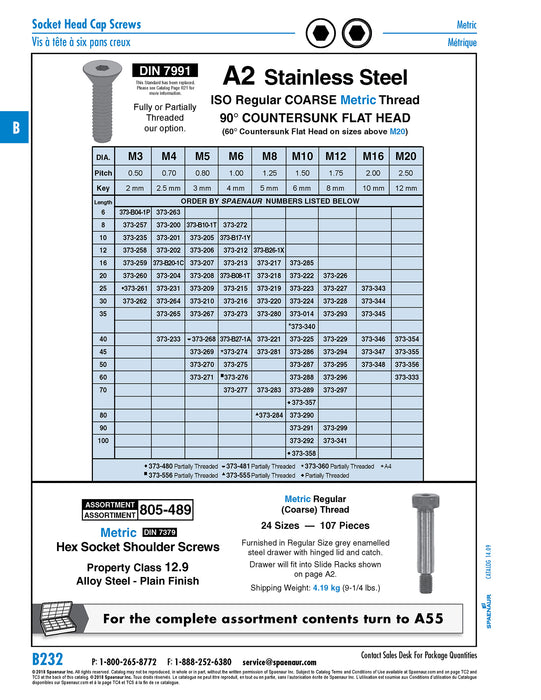 Flat Head Hex Socket Cap Screw M8 x 1.25 x 45mm A2 Stainless Steel DIN 7991