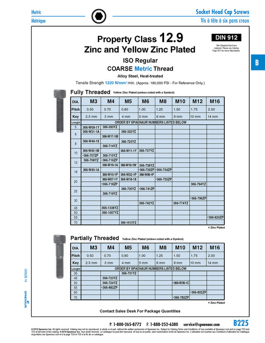 Hex Socket Cap Screw DIN 912 M4 x 0.70 Pitch x 55mm Partial THRD CL 12.9 Med Carb Alloy Steel Q&T Zinc Plated DIN 912/12.9-ZP/Part M4X55