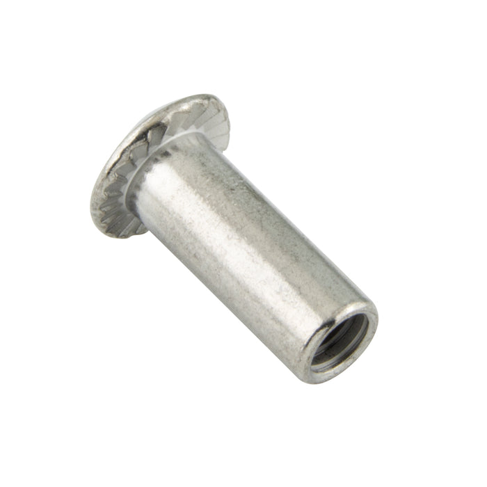 Sleeve Nut Oval Countersunk Slot HD #8-32 UNC x 3/8" L, x 11/32" Head DIA x 1/4 Bar DIA Brass, Nickel Plated tolerances: Overall Length: 13/32" +/-.015" Barrell DIA. : 1/4" +/-.005" Tap Depth 1/4" Minimum Slot: .040" Wide +/-.015" x .030" Deep