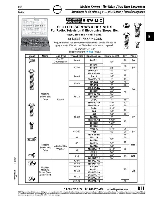 Assortment Of Slot Tapping Screws, Machine Screws & Hex Nuts 42 Sizes, 1477 Pieces In Grey Metal Box by Spaenaur Inc.