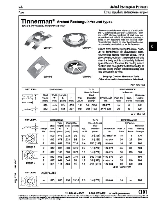 Écrou à enfoncer, type rond arqué, style Pa, modèle 2 adapté à un diamètre de 1/4 po. Goujon rond lisse en acier à ressort mécanique zingué par Pushnut®.