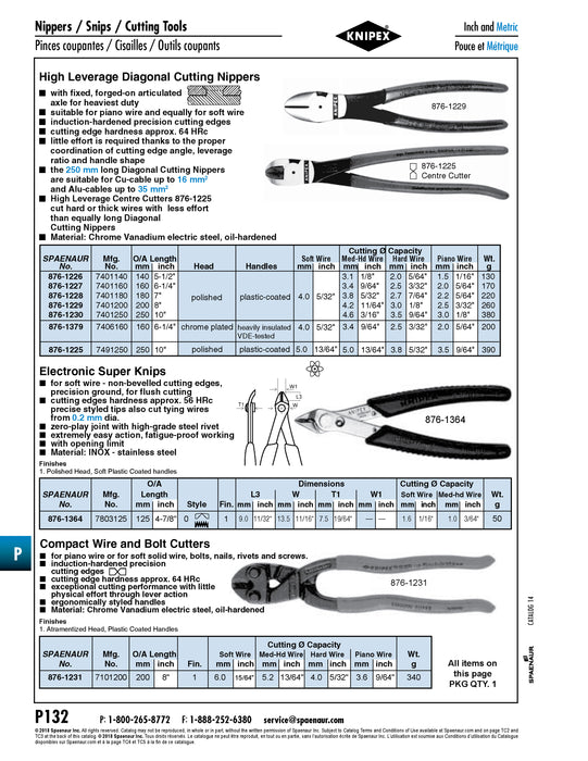 DIAgonal Cutting Nipper, High Leverage, 160mm (6-1/4") LONG Chrome Vanadium Steel,Polished Head Plastic-Coated Handles