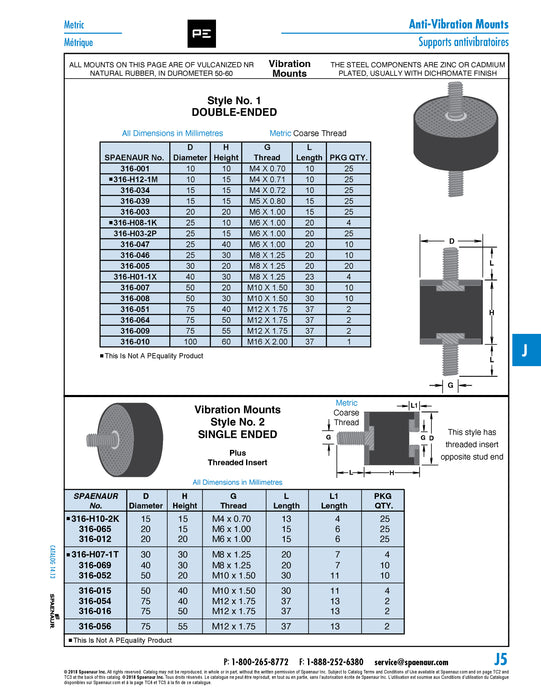 Support antivibration à double extrémité, diamètre extérieur 25 mm x hauteur 15 mm / filetage M6 x 18 mm, caoutchouc naturel vulcanisé, dureté 50-60 Duro