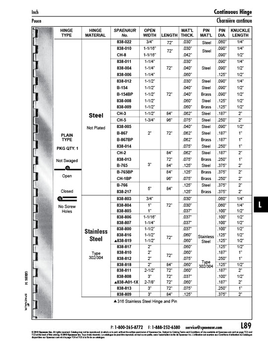 Charnière continue, non estampée, sans trous, non dégraissée, articulations de 2 po, 1 1/2 po de largeur x 84 po de longueur, calibre de 0,062 po, diamètre de goupille de 0,187 po. Finition lisse en acier.