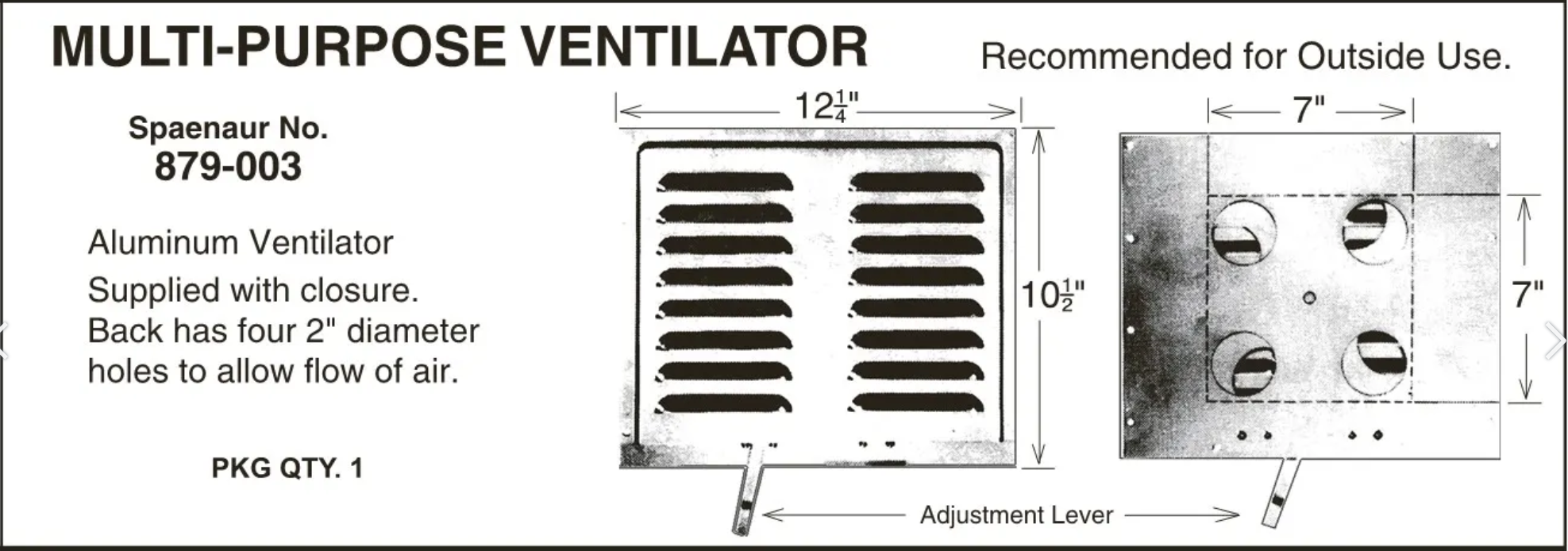 Ventilator with Internal CLosure, for Trailers, Four 2" DIA Holes On Back, Aluminum, Steel Zinc Plated Insert