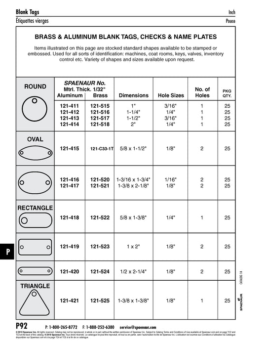 Étiquette ronde standard vierge (un trou de 3/16 po) 1 1/2 po de diamètre x 0,032 po d'épaisseur Laiton brut