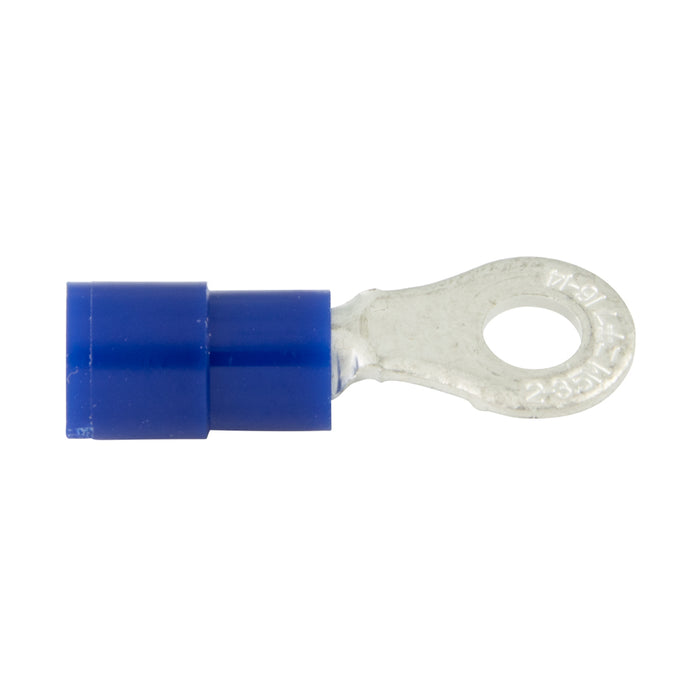 Ring tongue Terminal, Insulated, Solderless 16-14 Wire, 3/8" Stud Pure Electrolytic Copper, Blue Plastic Insulator, Heavy Bright Tin Plating