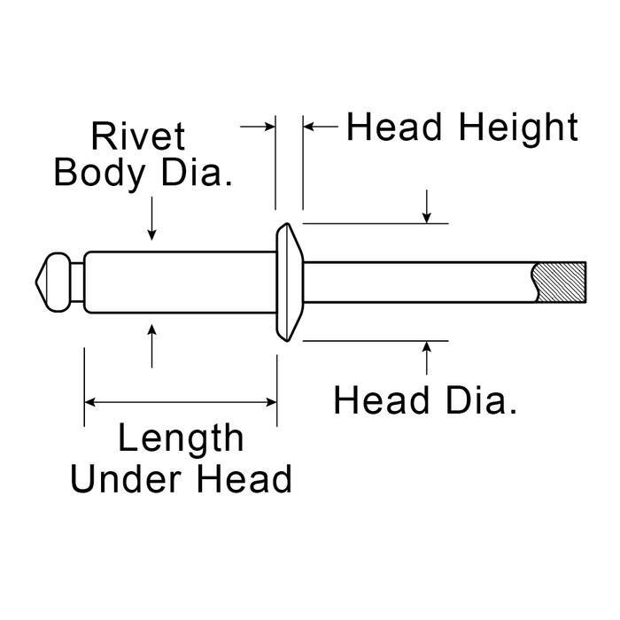 Pop Rivet Large Flange Dome HD Open End 3/16" D x .690" L x .376-.500" Grip Aluminum Rivet/Aluminum Mandrel IFI Spec. 114 Grade 11