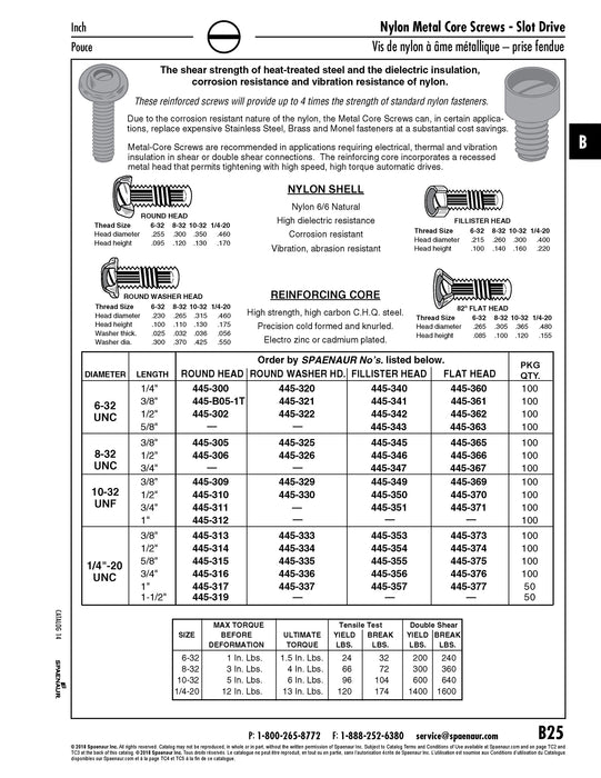 Metal-Core Machine Screw, Slot Round Washer Head #10-32 UNF x 1/2" L Steel Core, Nylon Shell