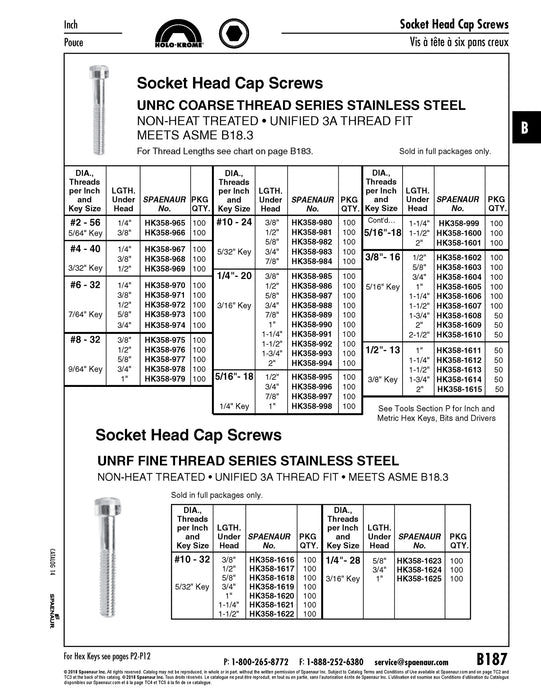 Holo-Krome Socket Head Cap Screw #6-32 UNC x 1/2" LG Stainless Steel Non-Heat Treated Asme/ANSI B18.3 Holo-Kromev #78020