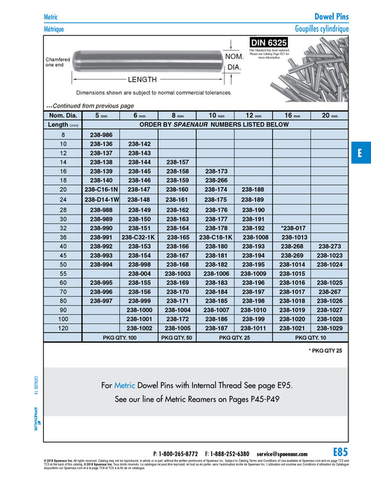 Dowel Pins DIN 6325, 10mm x 50mm LGTH, M6 tolerance Alloy Steel Case Hardened Precision Ground DIN 6325/ST 10M6X50