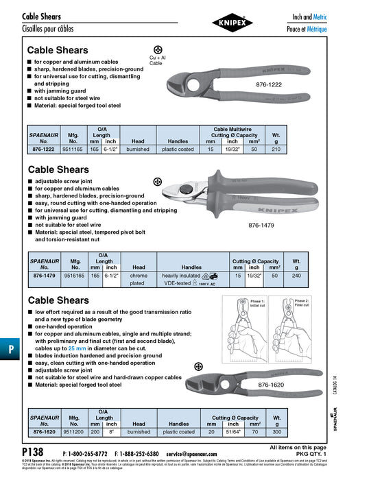 Cable Shears for Copper & Aluminum 15mm DIA Cutting Capacity 165mm (6 1/2") LGTH Vanadium Steel, Burnished Head Plastic-Coated Handles