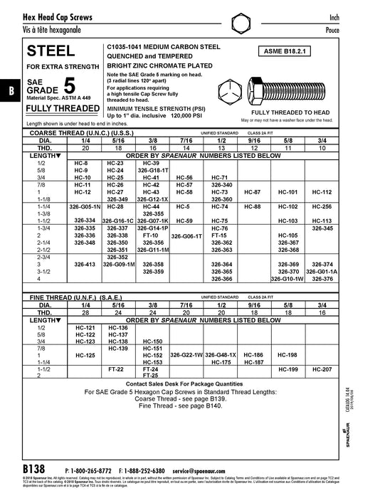 Hex Head Cap Screw Sae 1/2"-20 UNF x 1 1/4" Full Thread Grade 5 Medium Carbon Steel Zinc Chromate Plated, ANSI B18.2.1-1965
