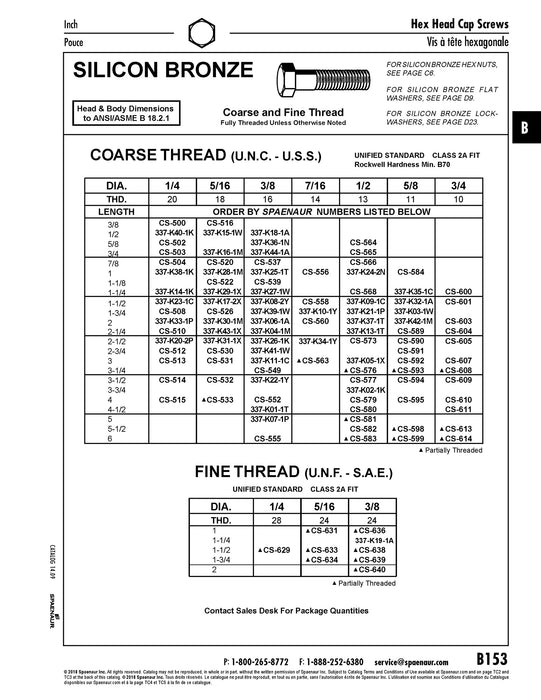 Hex Head Cap Screw 7/16"- 14 UNC x 1 1/2" Silicon Bronze ANSI B18.2.1-1981