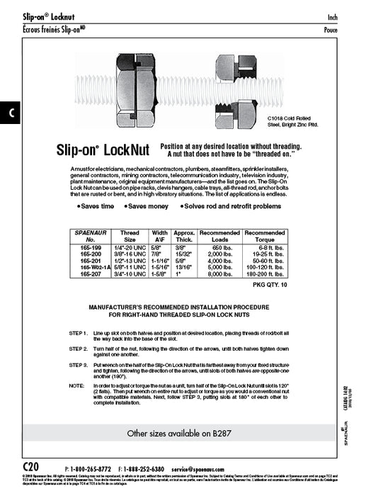 Écrou de blocage Slip-On 5/8"-11 UNC, 1 5/16" AF x 0,650" THK, en acier laminé à froid 1018, zingué brillant, de la marque Slip-on®