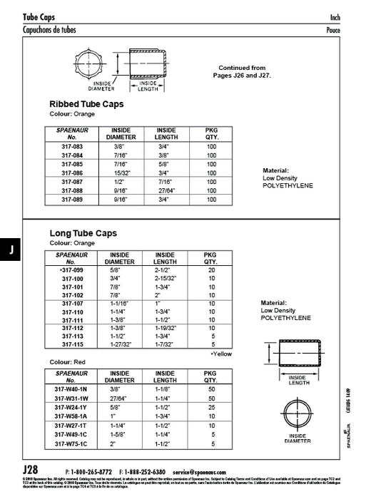 LONG Tube Cap 1 3/8" ID x 1 19/32" Inside LGTH Low Density Polyethylene Colour orange by Spaenaur Inc.