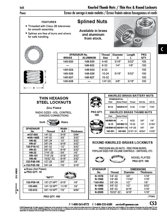 Round Knurled Locknut 15/32"-32, 9/16" OD x 1/16" TH. Brass, Nickel Plated