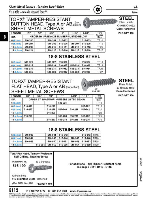 Tamper-Resistant Tapping Screw, Button Head Torx TR10 Drive, #6 x 3/4" Length, Stainless Steel 18-8, Type A or Type AB