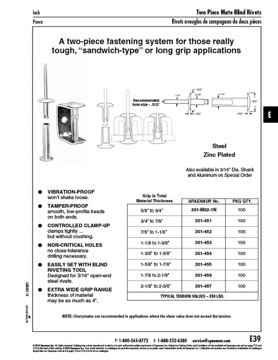 Cherry Mate Blind Rivet with Steel Sleeve, Mandrel, Tubular Components 1/4" DIA x 1-1/8"-1/3/8" Grip Steel Zinc Plated by Spaenaur Inc.