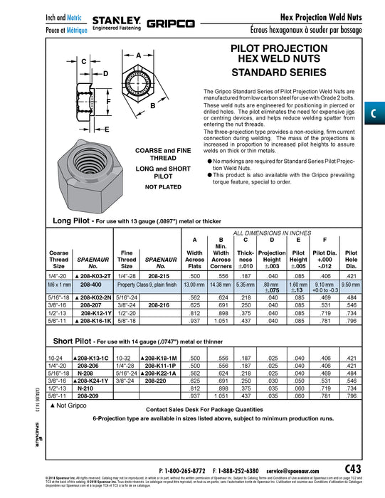 3-Projection Weld Nut, LONG Pilot M6 x 1.00 (13mm A/F x 5.35mm Tk) Class 9 Plain Finish