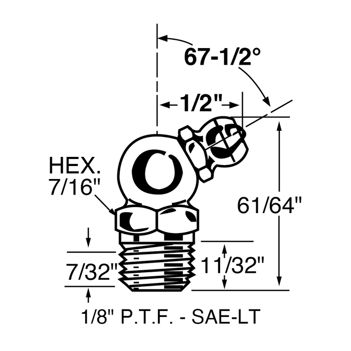 67-1/2 Degrees GRease Fitting 1/8"P.T.F. Short 7/16"Hex 61/64"O/A HT Stainless Steel, Plain by Spaenaur Inc.