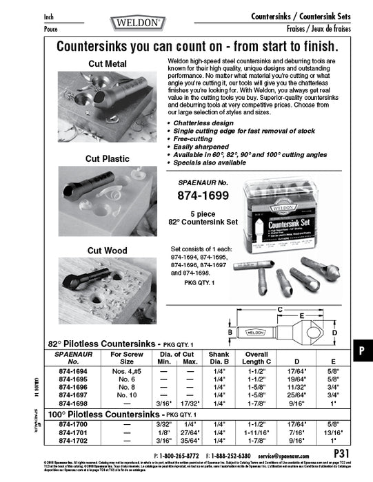 82 Degree Chatterless Countersink #8 Small DIA x 11/32" Large DIA High Speed Steel by Weldon®