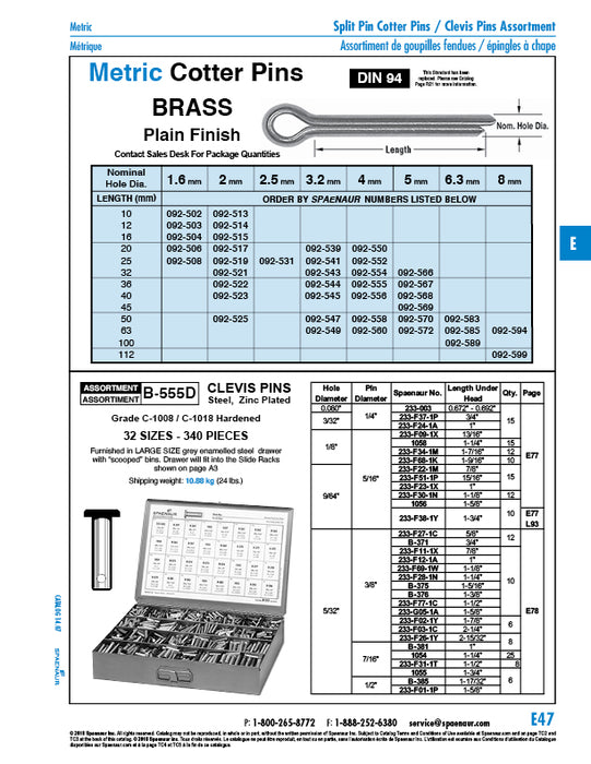 Metric Cotter Pin, DIN 94 8mm x 63mm Brass Plain DIN 94/BR 8X63 by Spaenaur Inc.
