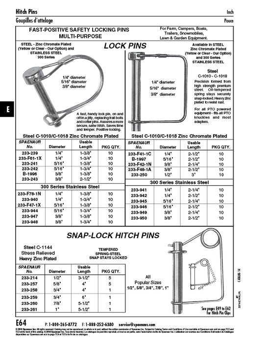 Snap-Lock Hitch Pin 1/2" DIA x 3-1/2" Usable LGTH C-1144 Steel Zinc Plated by Spaenaur Inc.