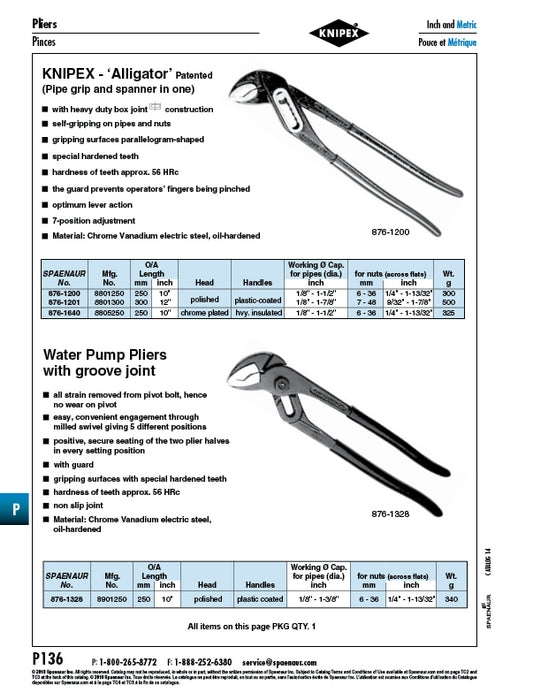 Pince multiprise avec articulation rainurée pour tuyaux de 1/8" à 1-3/8" de diamètre, longueur 250 mm (10"), acier au chrome-vanadium, tête polie, poignées recouvertes de plastique, par Spaenaur Inc.