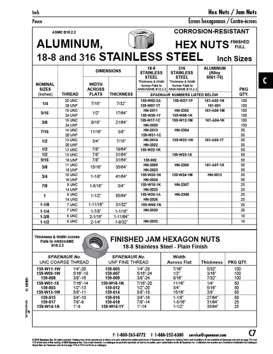 Hexagon Nut, Finished Full 3/4"-10 UNC (1 1/8" A/F x 41/64"TH) 316 Stainless Steel ANSI B18.2.2-Latest