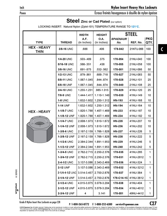 Écrou hexagonal à insert en nylon, réf. 21Nu-066, 3/8"-16 UNC, 0,691-0,675" WAF x 0,547" +/- 0,015" hauteur hors tout, acier zingué