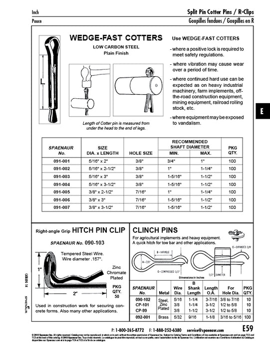Wedge-Fast Cotter 5/16" DIA x 3 1/2" LONG Low Carbon Steel Plain by Spaenaur Inc.