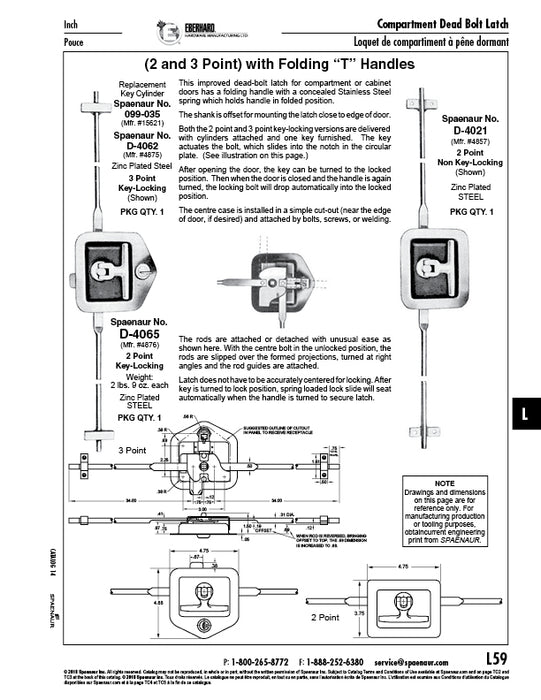 Recessed Dead Bolt Lock Set, 3 Point with Integral Cyl Lock Steel Zinc Plated by Spaenaur Inc.