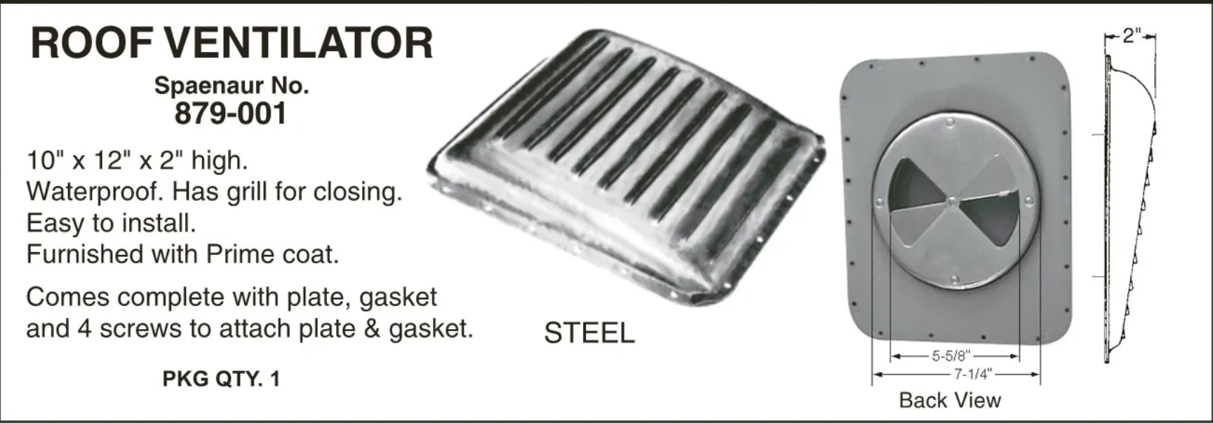 Roof Ventilator W/ GRille & GAsket 10" x 12" x 2" High Steel, Prime Finish by Spaenaur Inc.