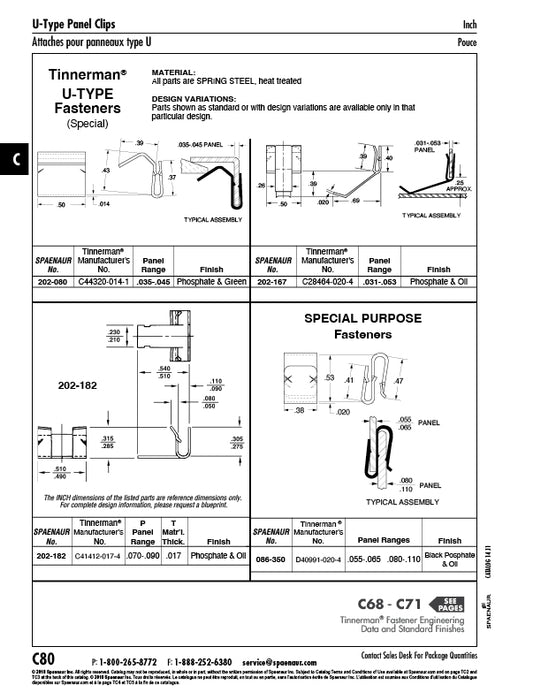 U-Type Panel Fastener .025"-.035" Panel Range x Width .500" x .014"THK Spring Steel, Phosphate & Oil by Spaenaur Inc.