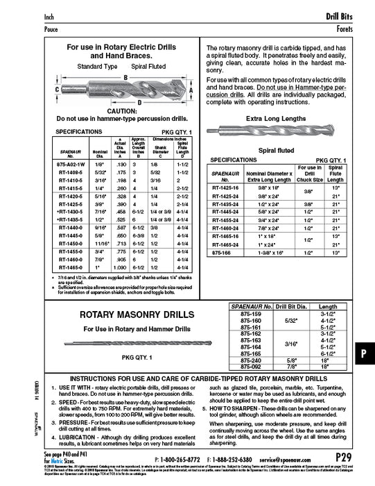 Rotary Masonry Drill, Carbide Tip 5/16" DIA x 4" LGTH (1/4" Shank) by Spaenaur Inc.