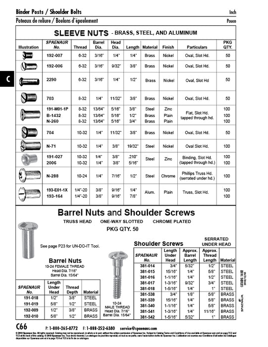 Sleeve Nuts Truss Slot Head 1/4"-20 UNC x 1/4" (+/- .003") LONG x 3/8" (+/- .003") Barrel DIA x 9/16" (+/- .003") Head DIA Aluminum Plain