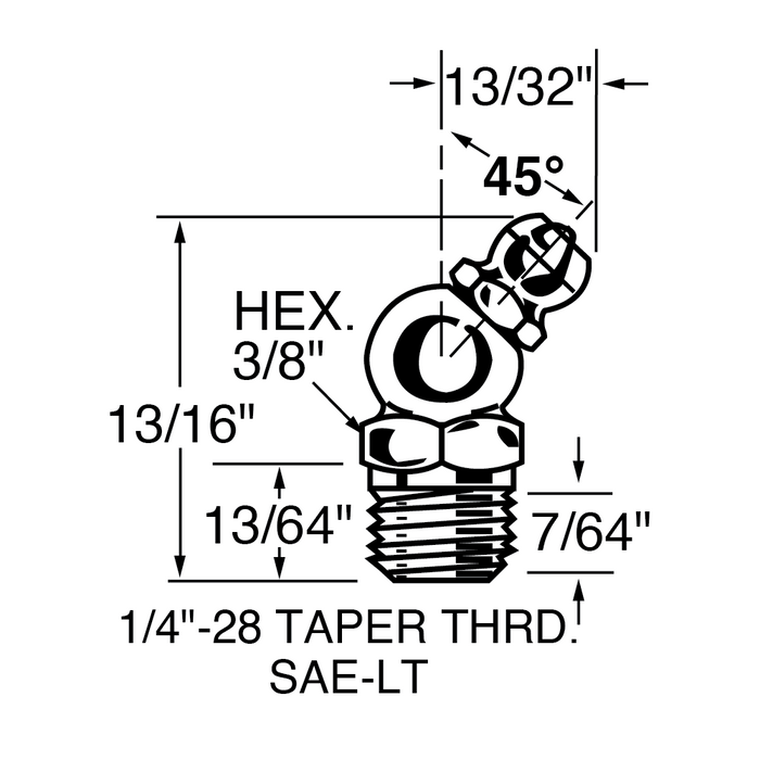 45 Degrees GRease Fitting 1/4"-28 UNF Taper Thread, 3/8" Hex 13/16" O/A HT Stainless Steel Plain