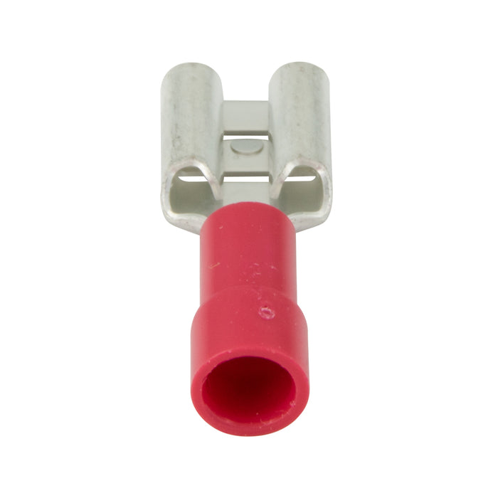Copper Female Tab Socket, Solderless, Insulated 1/4" F.Q.D., 22-18 GA. Wire Electrolytic Copper, Bright Tin Plate, Red Plastic Insulation