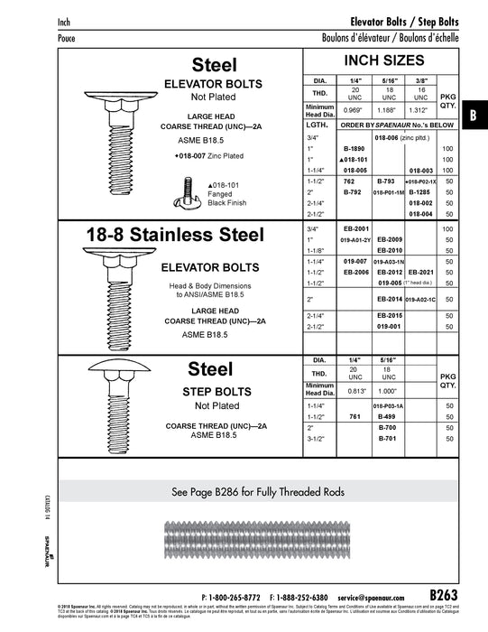 Elevator Bolt, Large Head, 5/16"-18 x 1-1/2" Length, Stainless Steel 18-8, ASME/ANSI B18.5