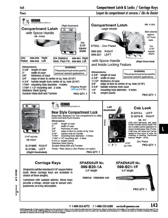 Compartment Lock (Left) 5/16" Square Hole for Handle Steel Zinc Plated by Spaenaur Inc.