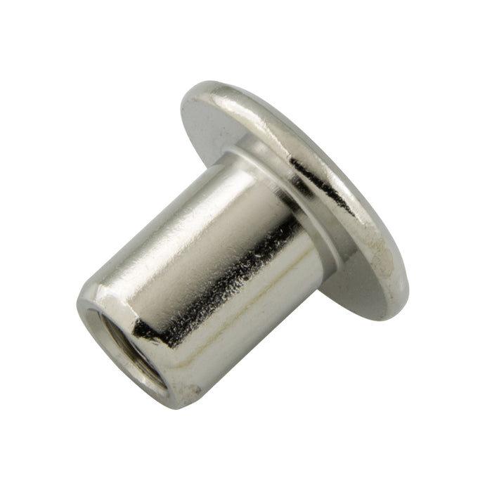 Écrou borgne Rampa® de type RFL, empreinte hexagonale de 5 mm, M6, diamètre de tête de 17 mm (tête plate), diamètre du corps de 9 mm x longueur sous tête de 12 mm, en acier nickelé par Rampa®