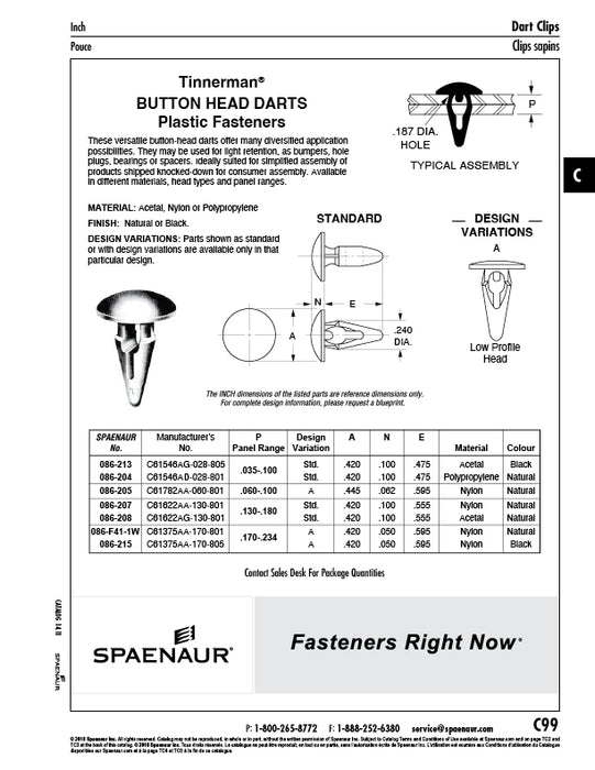 Standard Button Head Dart Fastener, .130-.180" Panel Range Nylon Natural Colour by Spaenaur Inc.