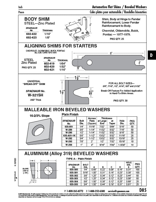 Shim, Aligning-for Starters, 5" LG x 15/16"W., for G.M. Cars 1970-1979 1/32" Thickness, 3/8" Slot Width Low Carbon Steel Zinc Plated by Spaenaur Inc.