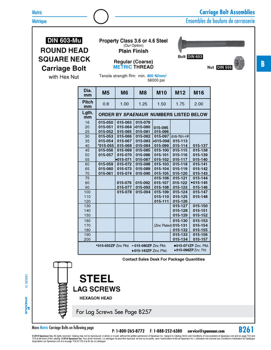 Carriage Bolt with Hex Nut DIN 603/555 M6 x 1.00 x 60mm 3.6 or 4.6 Steel Plain DIN 603/555/4.6 M6X60