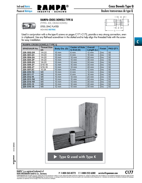 Rampa Cross Dowels Type Q, Slotted 5/16"-18 UNC Internal Thread 12mm DIA x 20mm LGTH Steel Zinc Plated