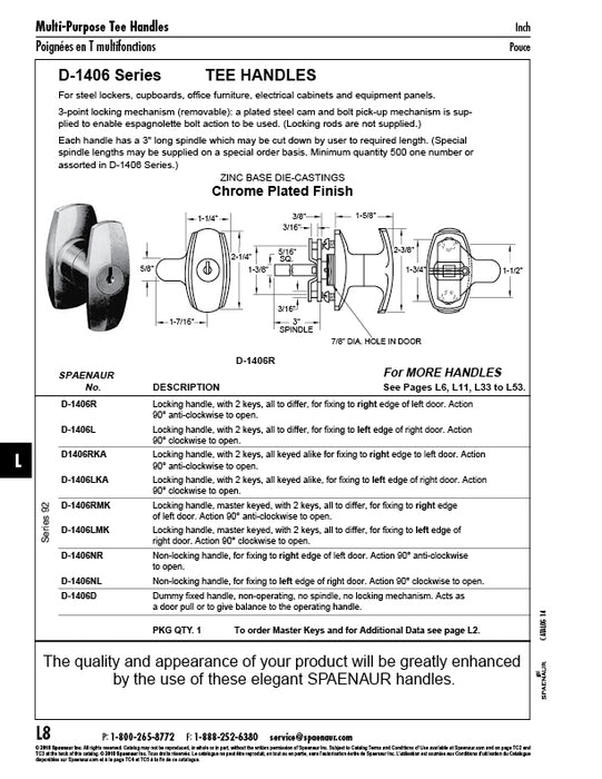 Non Locking T Handle,Fix to Right Edge Of Door, 90 Deg Anti-Cw to Open Die-Cast Chrome Plated by Spaenaur Inc.